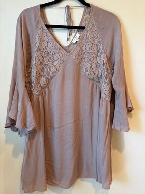 Umgee Mauve Lace-Yoke V-Neck Dress with Flutter Sleeves